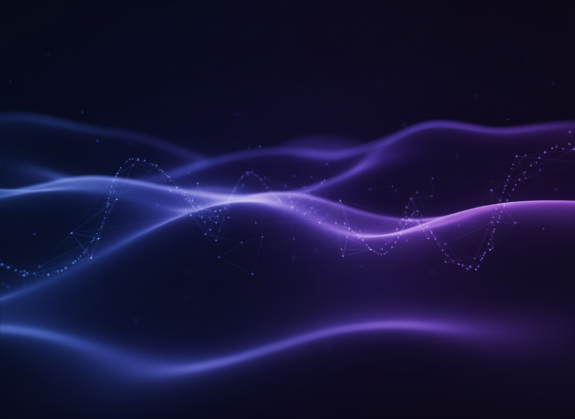 Keep the existing abstract dark background composition and visual style, but shift the color palette to rich blue and purple tones with subtle luminous gradients. Preserve the same abstract, atmospheric, premium look and avoid adding text or objects.