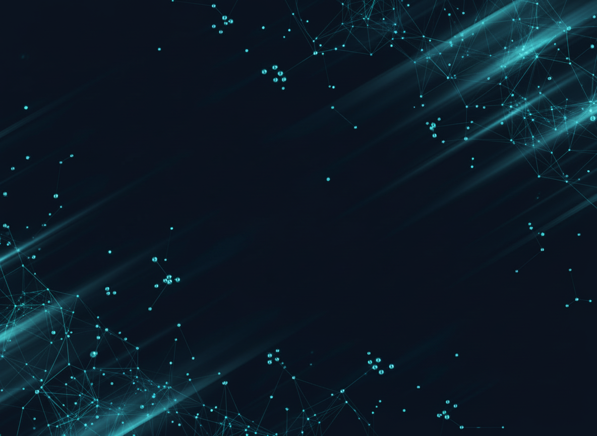 Edit the existing futuristic abstract background image behind the News page title and introduction. Preserve its futuristic abstract composition, lighting, and dark mood, but shift its color palette to closely match the colors visibly used in the TN QuantumWorks logo in the site header: use the logo's dominant dark navy/blue tones with its bright cyan/teal accents, creating a cohesive branded look. Do not add text, symbols, or logos.
